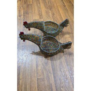 Set Of 2 Handmade Beaded Wire Chicken Baskets For Decor Or Storage